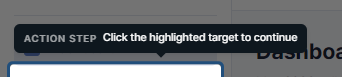 Replay mode mid-tour — a button on the page is spotlighted with a tooltip-style bubble below it reading 'Click or type in this area' and a small chevron pointing back up at the button.