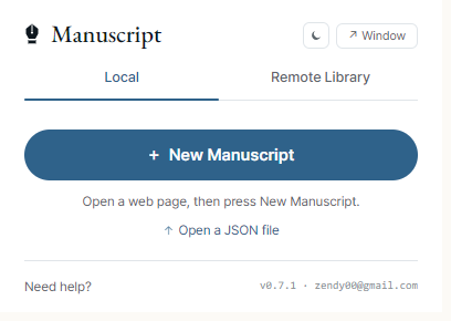 Extension popup with '+ New Manuscript' on top, '↑ Open a JSON file' button directly below it, and the Previous Manuscripts list under both.
