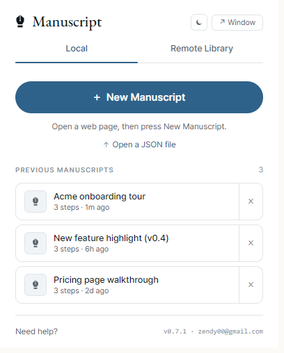 Extension popup showing the Previous Manuscripts list — each row has a thumbnail, scenario name, last-edited timestamp; the topmost row is highlighted as 'Resume' with a primary-colored button.