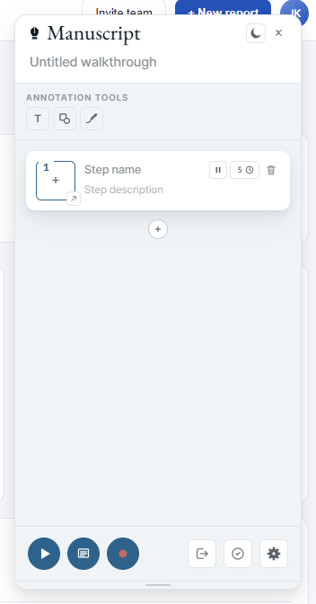 Floating panel on the right edge of a page, just after creating a new manuscript — empty step list with a single 'Step 1' card, picker armed, palette across the top borrowed from the page's theme color, and footer controls.