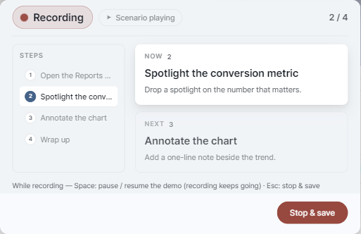 The recorder window while recording — a red 'Recording' badge with a blinking dot, a 'Scenario playing' chip, a step counter, the step list, and the current and next step with their descriptions.