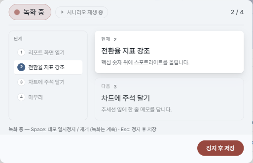 녹화 중인 녹화 창 — 깜빡이는 점이 있는 빨간 '녹화 중' 배지, '시나리오 재생 중' 칩, 단계 카운터, 단계 목록, 그리고 현재·다음 단계와 설명.