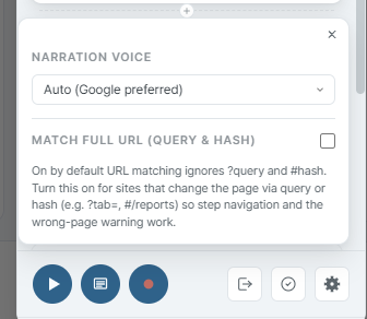 The panel's gear settings popup open — under the narration voice picker, a divider, then a 'Match full URL (query & hash)' checkbox with a one-line explanation. The gear button sits in the panel footer just below.