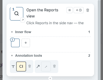 Step card in the floating panel showing the Inner flow row and an expanded Annotation tools section with three rows — each row has a small kind icon (T, square, scribble) followed by a color-accurate mini preview, and a trash icon on the right.
