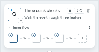 Floating panel step card with the sub-element track below — primary thumbnail labeled 1, sub thumbnails labeled 2, 3, 4 in a horizontal row, with the dashed plus button at the right end.