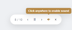 Replay control pill with the speaker icon muted and tinted orange, and an orange 'Click anywhere to enable sound' tooltip bouncing above it.