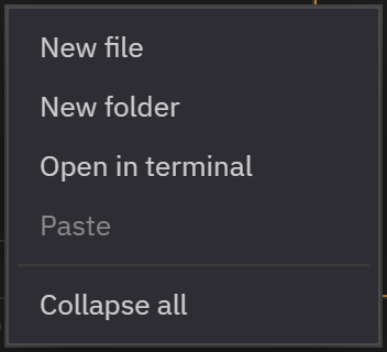 Explorer empty-space right-click context menu — New file · New folder · Open in terminal · Paste (disabled) · Collapse all