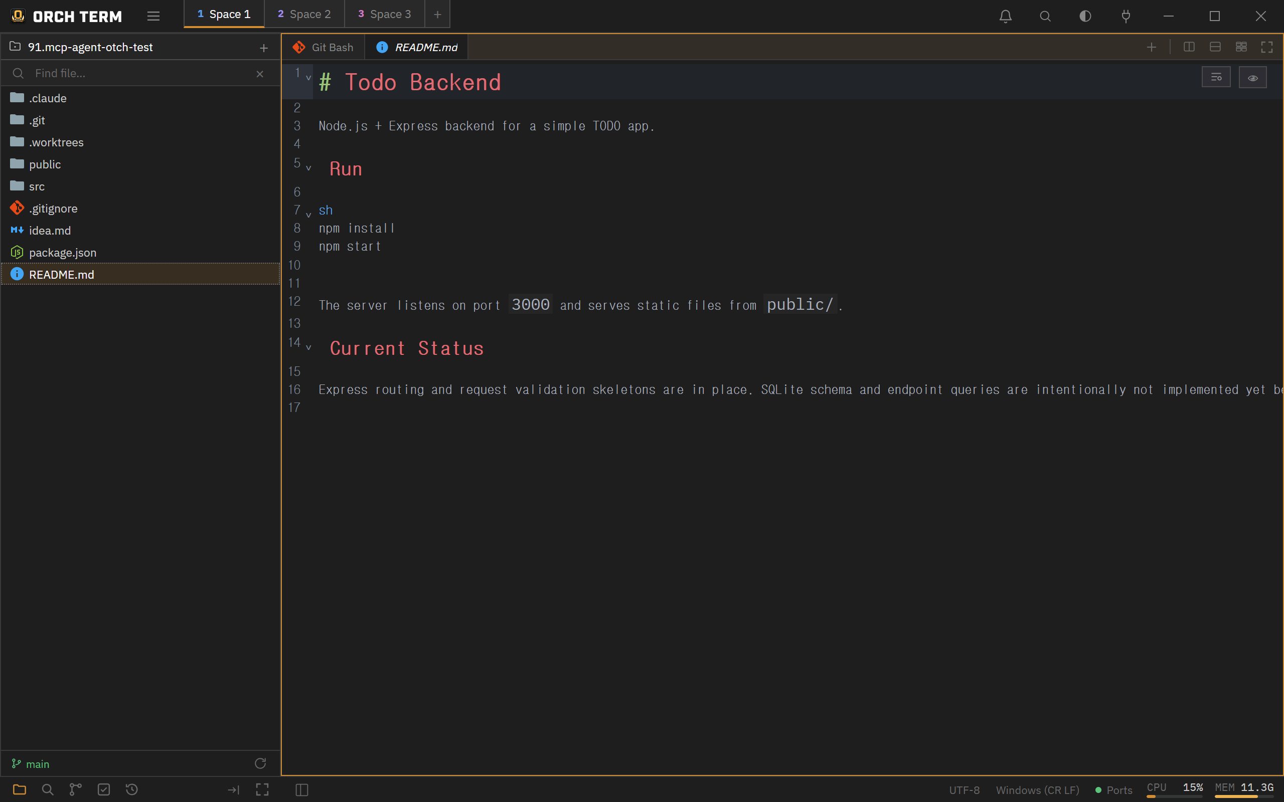 Explorer panel — project header · file search bar · file tree · Git branch at the bottom