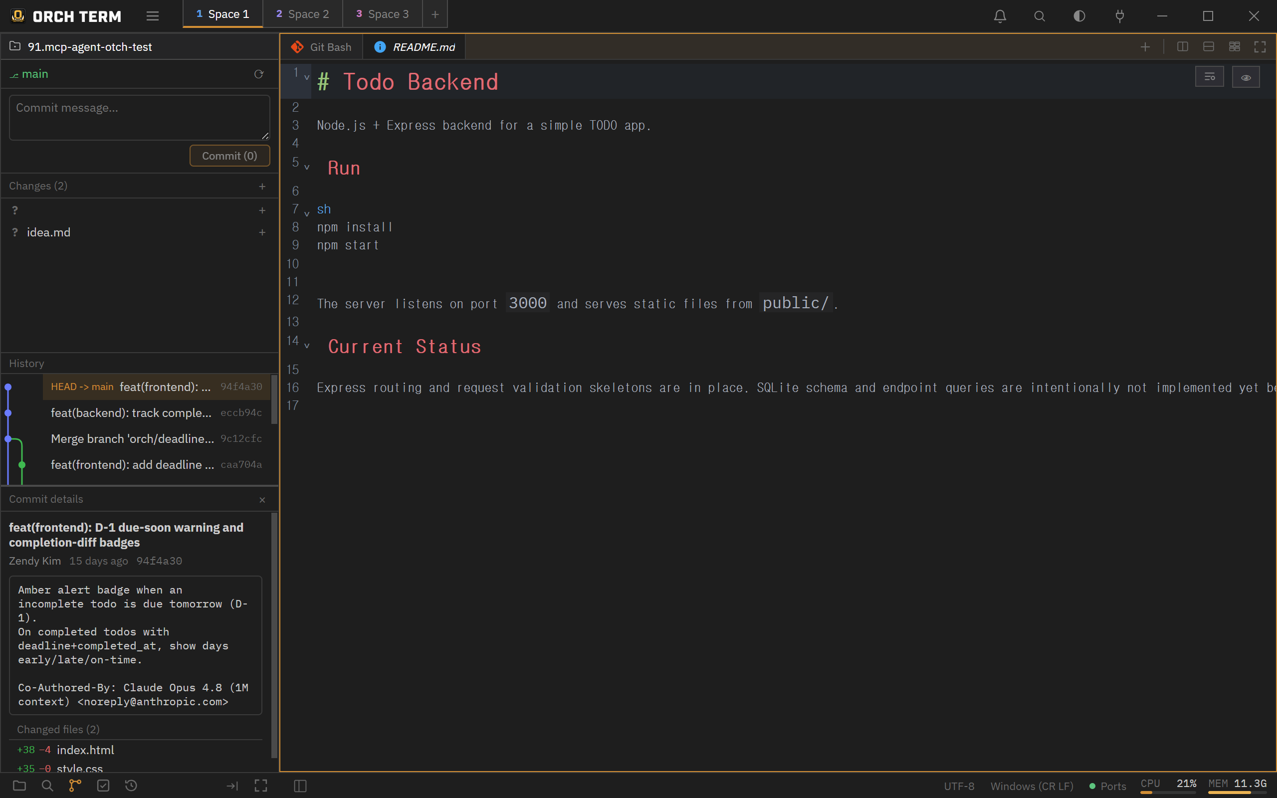 Commit detail — commit message · author · changed-file list (Changes 8 + History + commit detail panel)