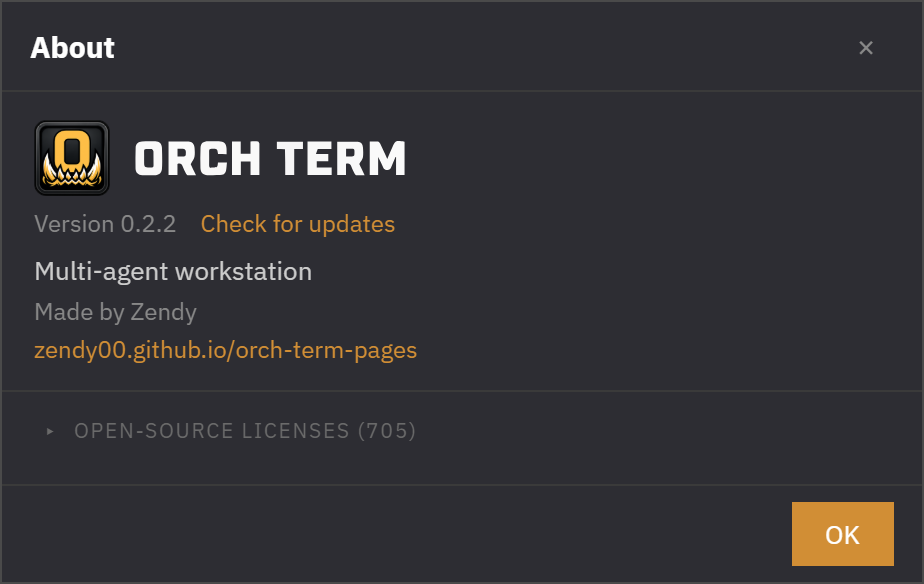 About modal — Orch term v0.2.2, author, Check for Updates, open-source licenses