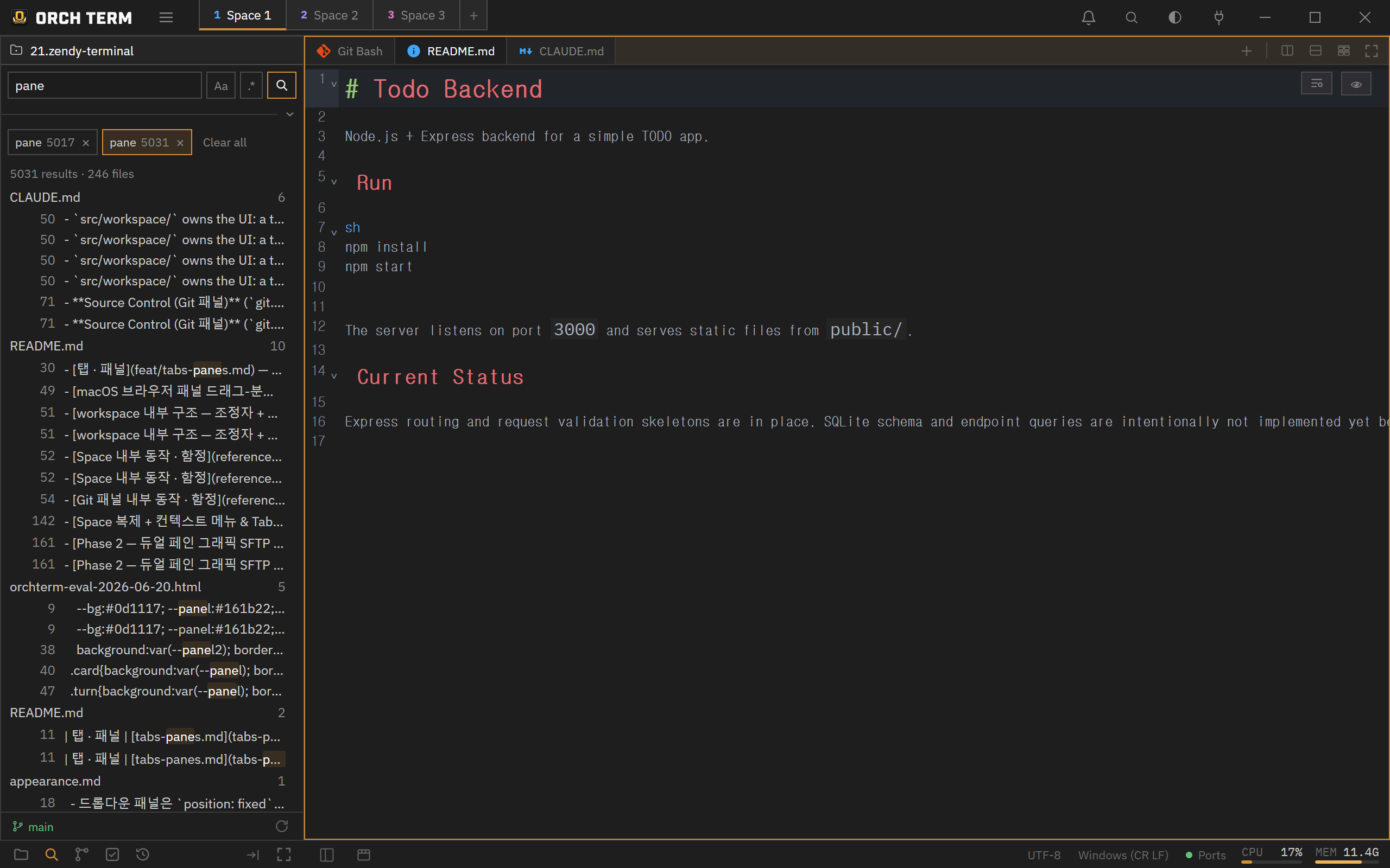 Full-text search — query, Aa, regex toggle, search history chips, per-file line matches (highlighted)