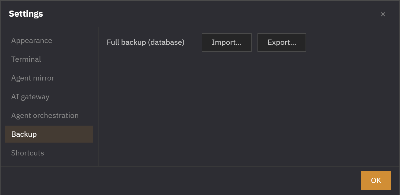 Settings — Backup: full backup (database) import/export