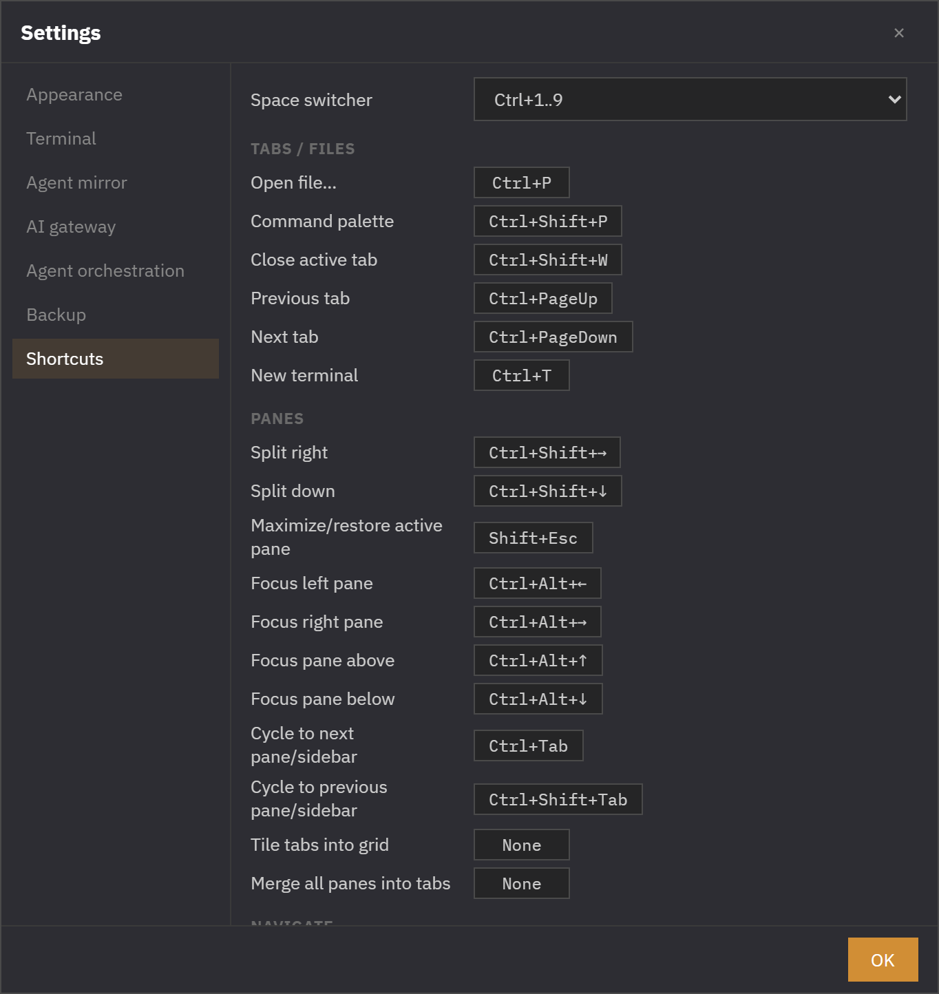 Settings — Shortcuts: per-command key binding list, recording, conflict warning
