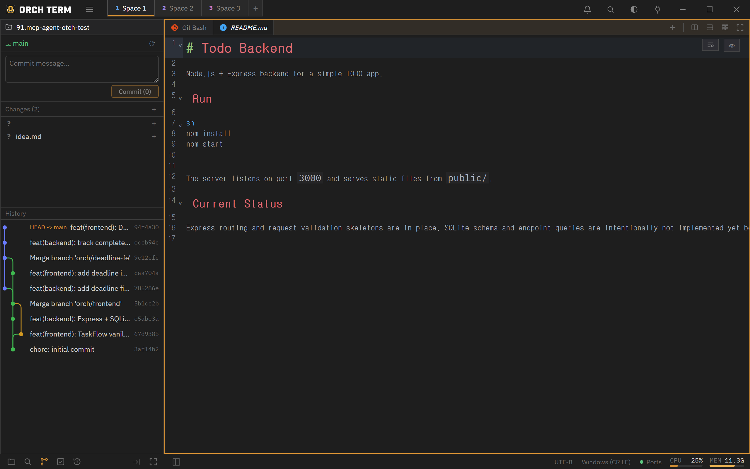 Git panel — branch (main) · commit message input · Changes · commit graph History