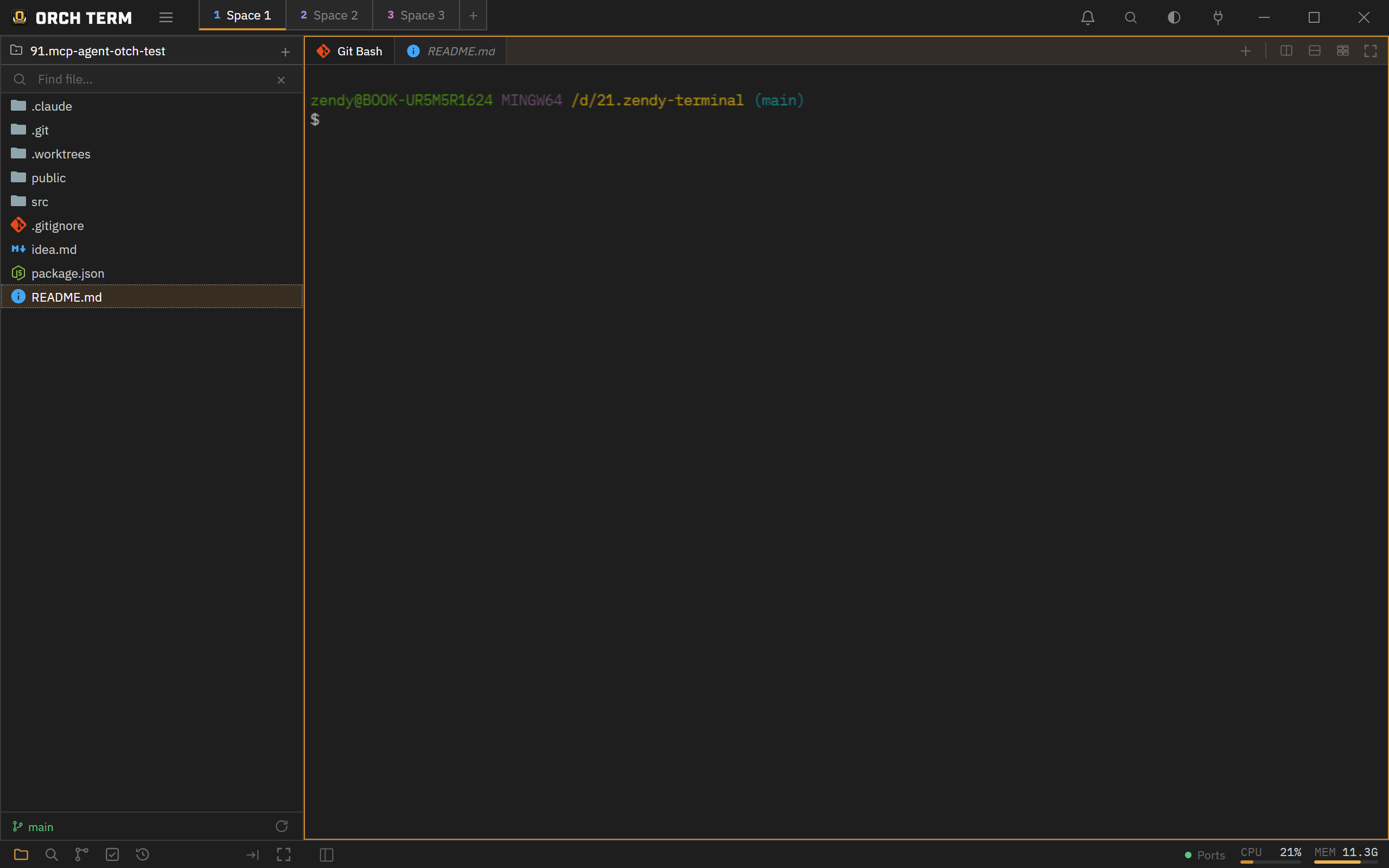 Space chips (1·2·3) and the ＋ button in the titlebar — each Space is an independent layout