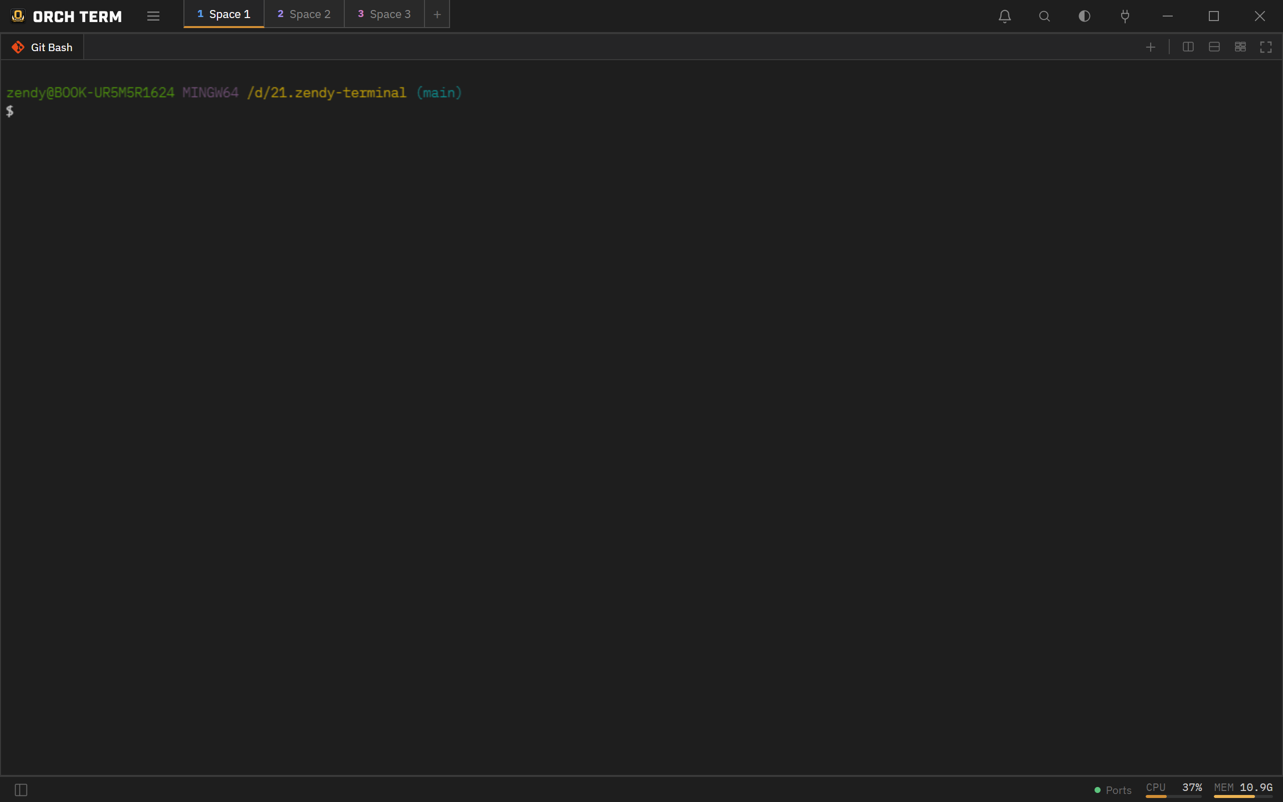 Terminal pane — Git Bash session (MINGW64, active project root)