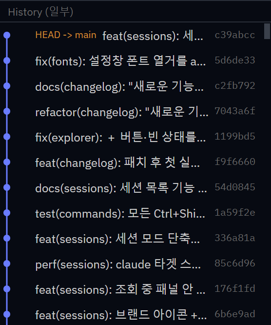 Git 로그 그래프 — 브랜치 레인 + 21.zendy-terminal 실제 커밋(HEAD→main feat(sessions), fix(fonts), docs(changelog)…) + 단축 해시